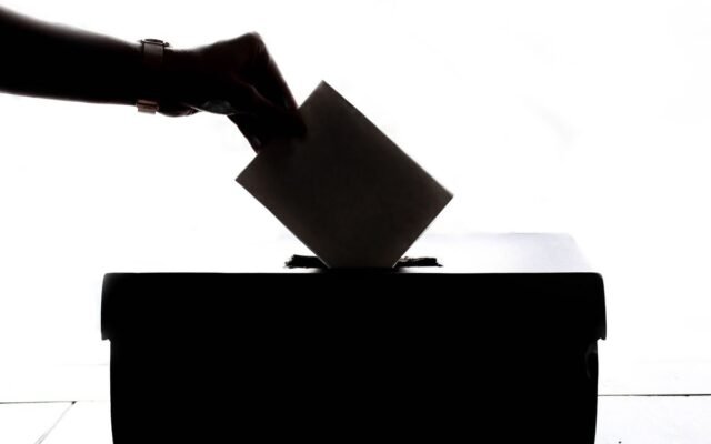 Silhouette of a hand placing a vote into a ballot box
