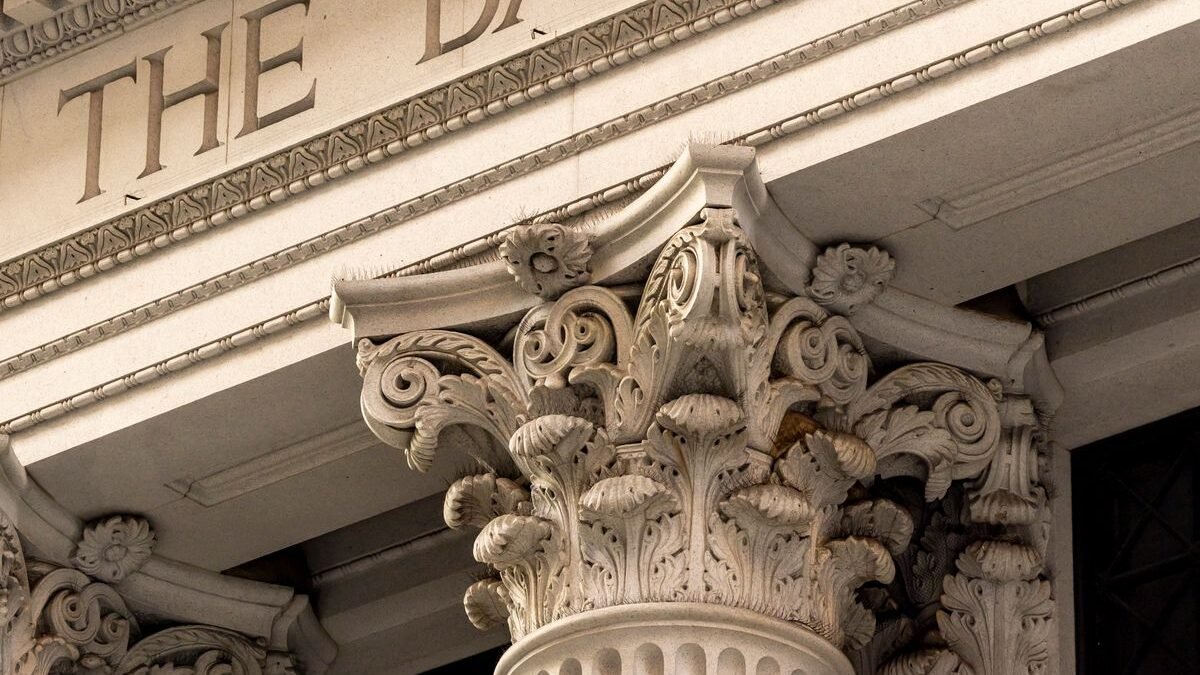 A detailed view of a classic bank building facade