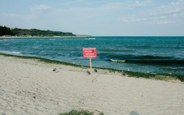 A peaceful beach with a warning sign about sharp objects