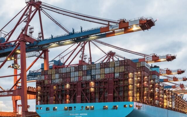 A cargo ship loaded with containers at Hamburg's bustling commercial dock