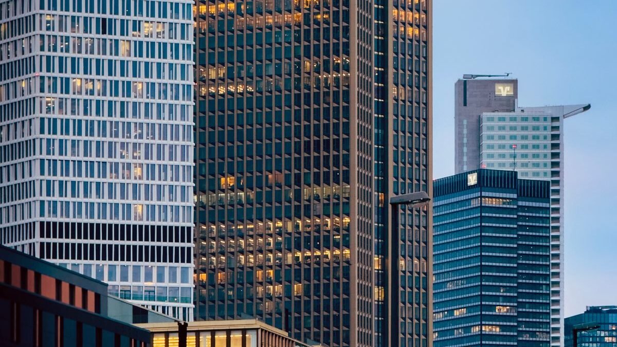 A stunning view of skyscrapers at twilight