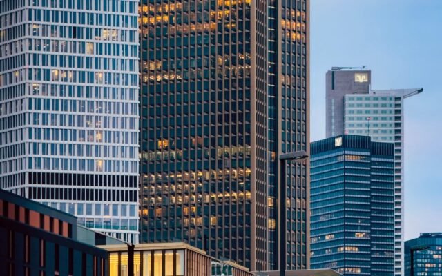 A stunning view of skyscrapers at twilight