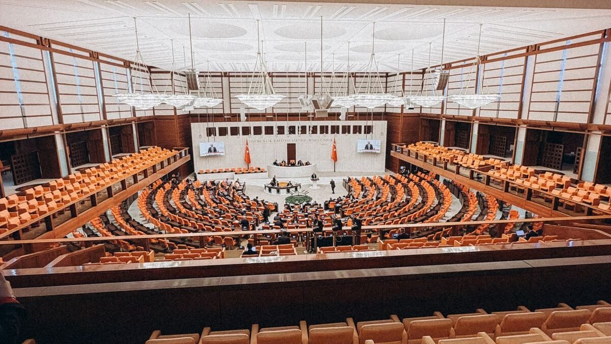 Wide-angle view of the Parliament's grand seating area