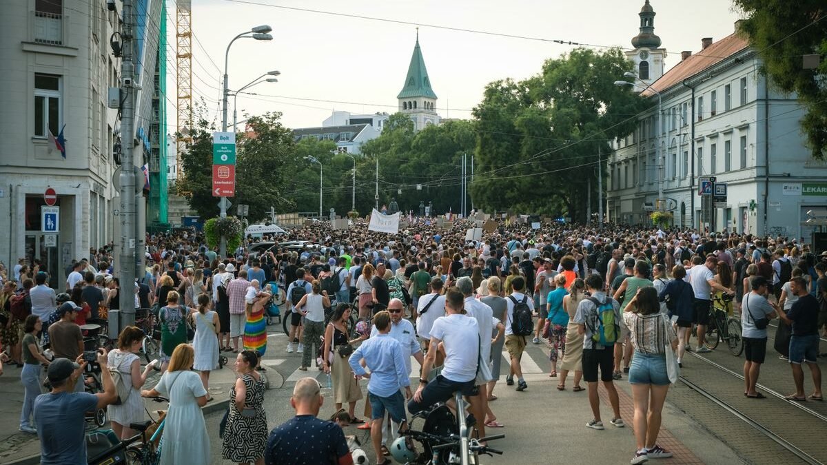 A large peaceful protest unfolds in city streets