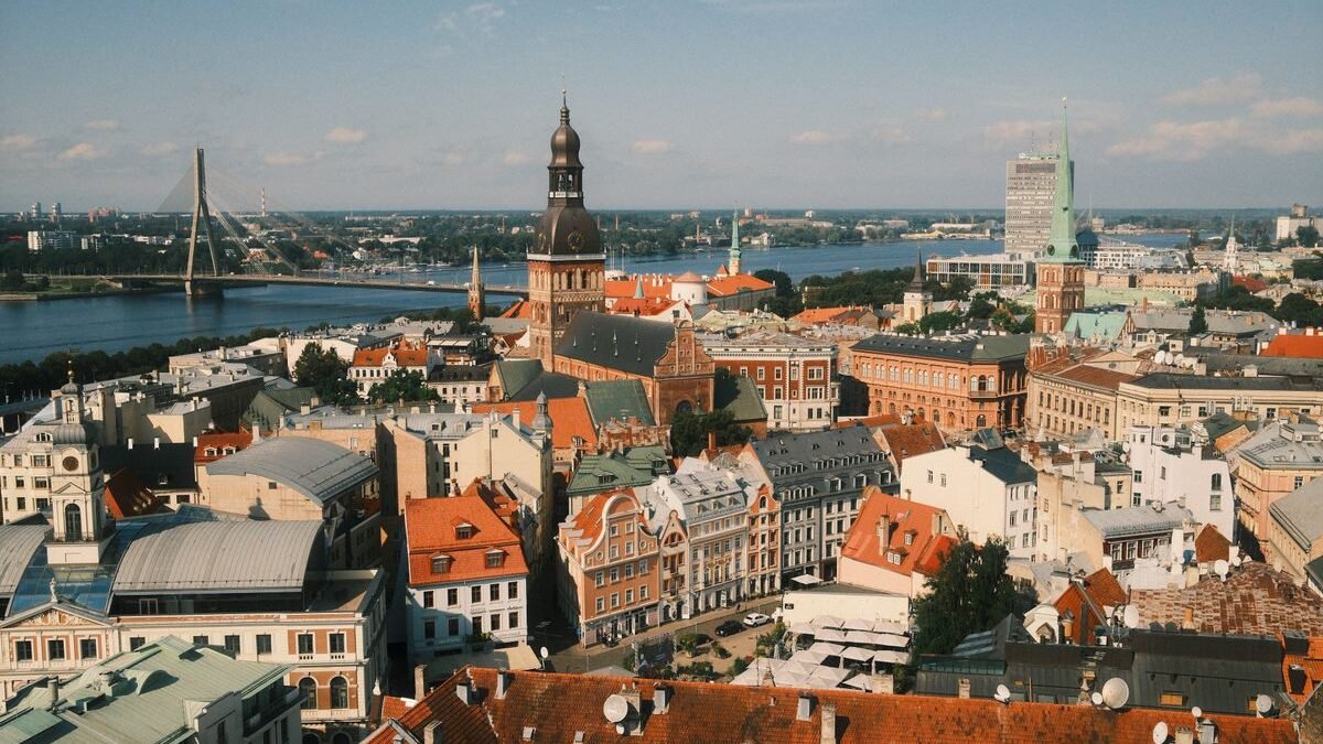 Stunning aerial photograph of Riga's historic center and Daugava River skyline in Latvia