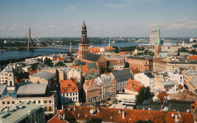 Stunning aerial photograph of Riga's historic center and Daugava River skyline in Latvia