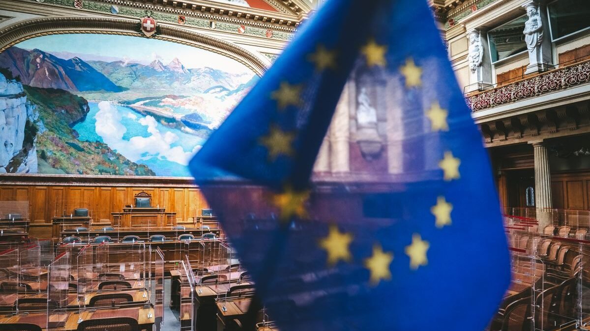 Close-up of European flag inside the Swiss Parliament chamber in Bern