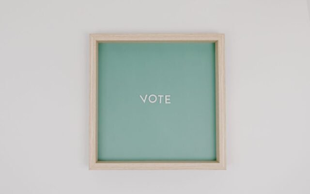 Minimalist wooden frame with 'Vote' text on green backdrop